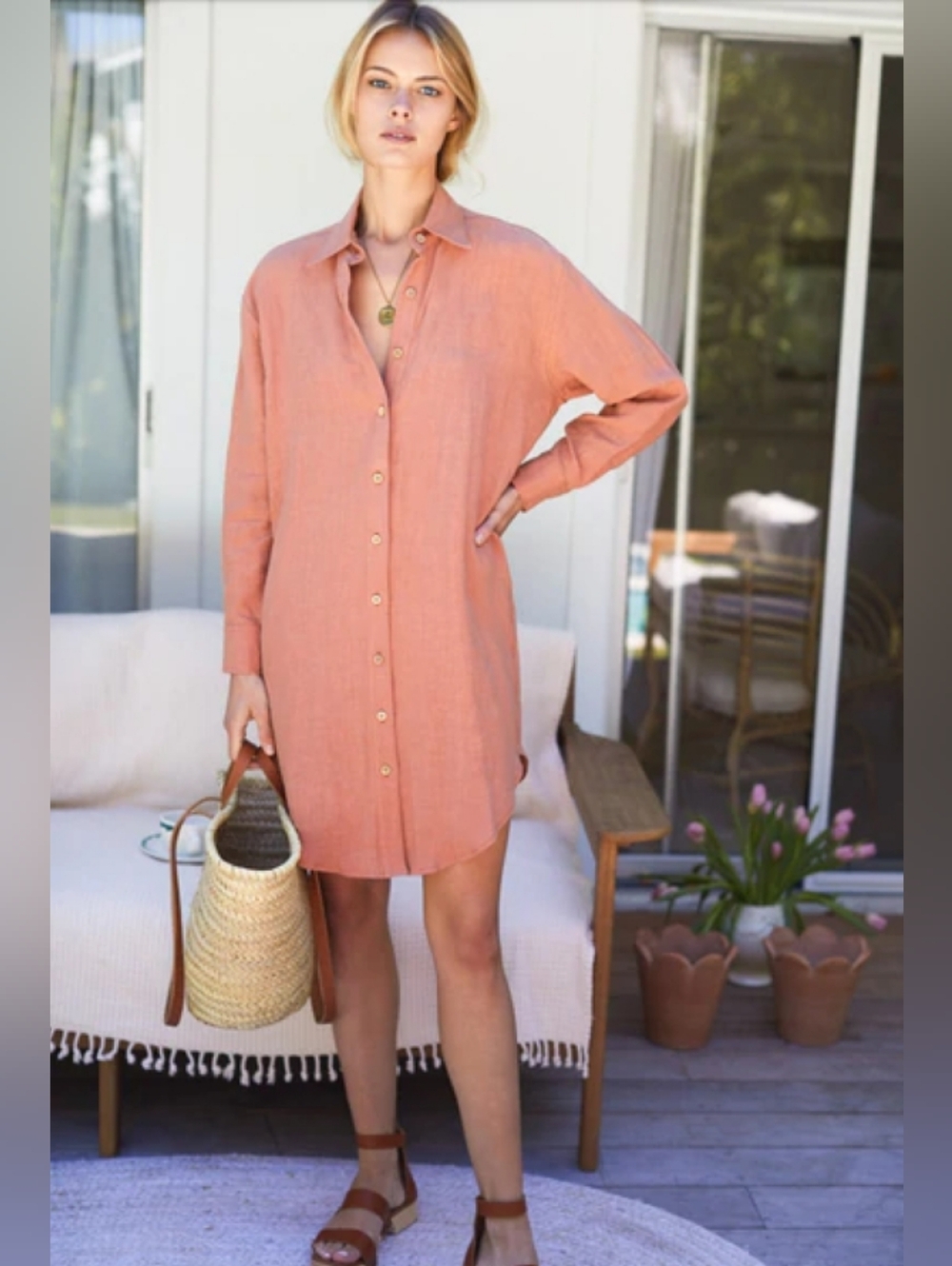 Emerson Fry Button-Front Linen Shirt Dress in Dusty Coral